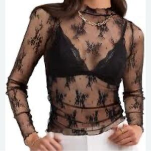 Stretchy Sheer Black Lace Mockneck Grunge Whimsygoth Inspired Blouse M‎